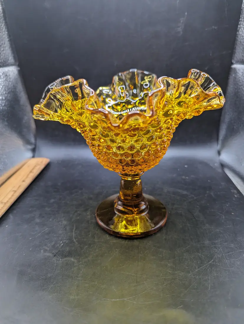 Vintage Fenton Amber Hobnail Glass Compote Ruffled Edge Pedestal Footed