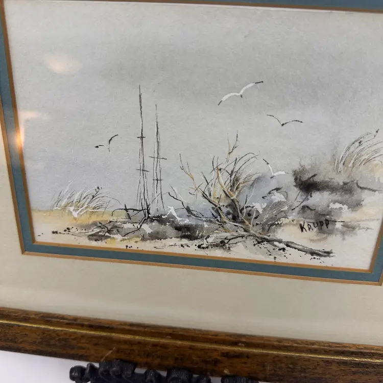 Vintage Krupp ORIGINAL SIGNED Watercolor Driftwood & Birds Framed