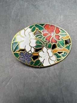 Enamel Gold Tone Pin Brooch Oval 1.25”