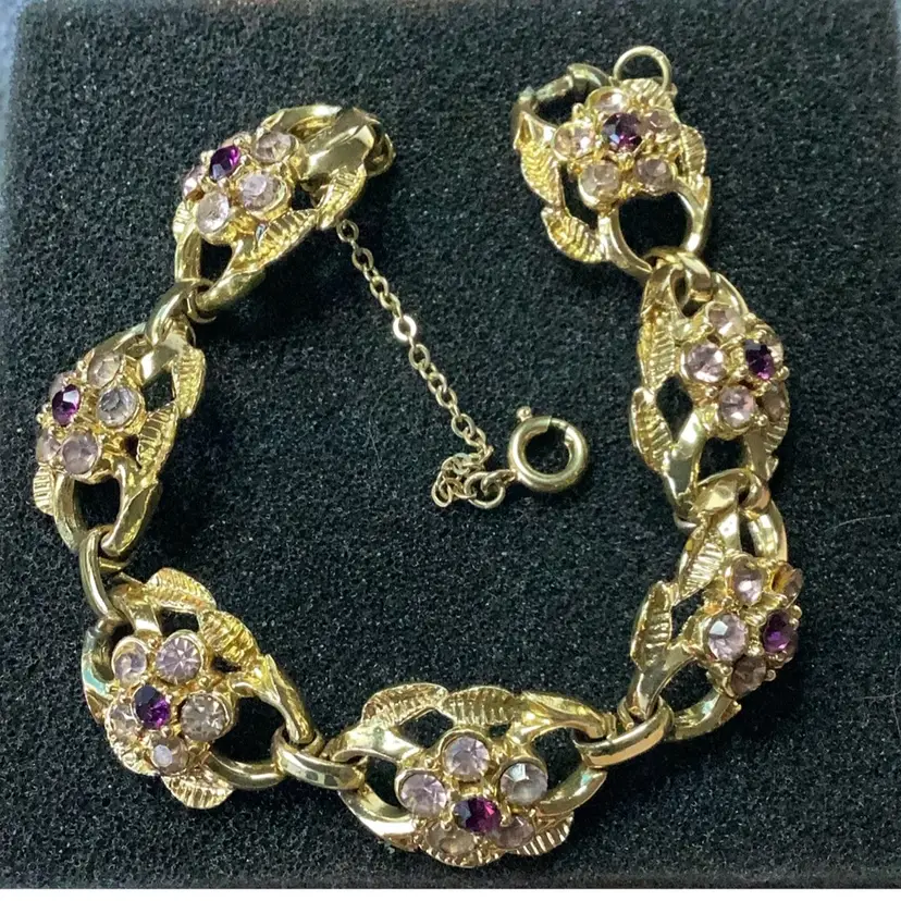 Coro Gold Tone Bracelet Purple And Light Pink Rhinestones 7”