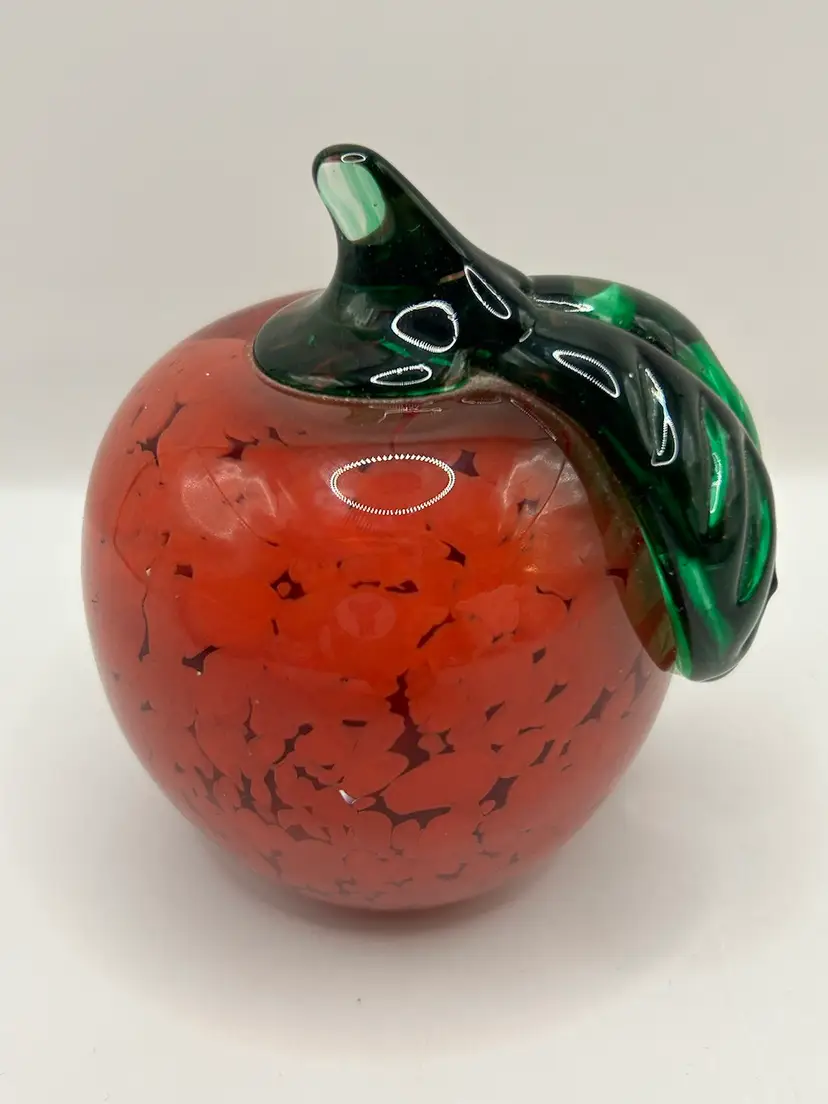 Red Apple Paperweight W Green Leaf Stamped On Bottom  3 1/2x 3 1/2