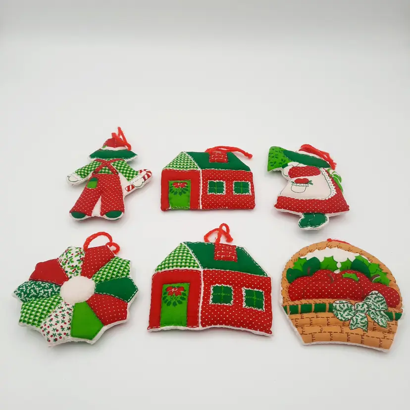 Vintage Fabric Quilted Stuffed Christmas Ornaments Set Of 6
