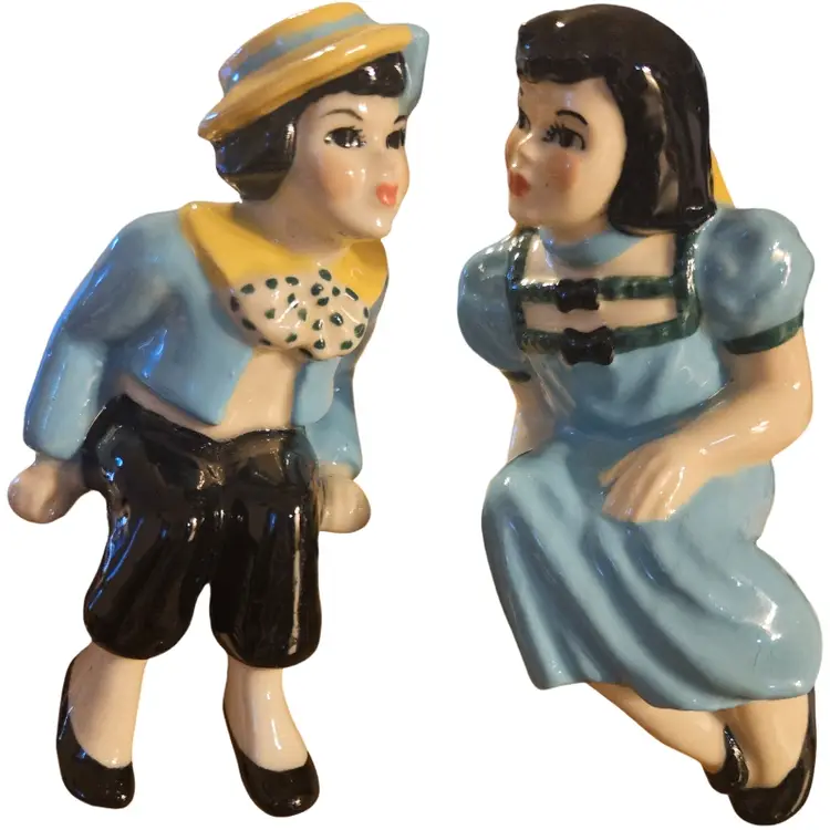 vintage 1950s Ceramic Arts Studio "Shelf Sitter" figurines titled "Young Love," designed by Betty Harrington.