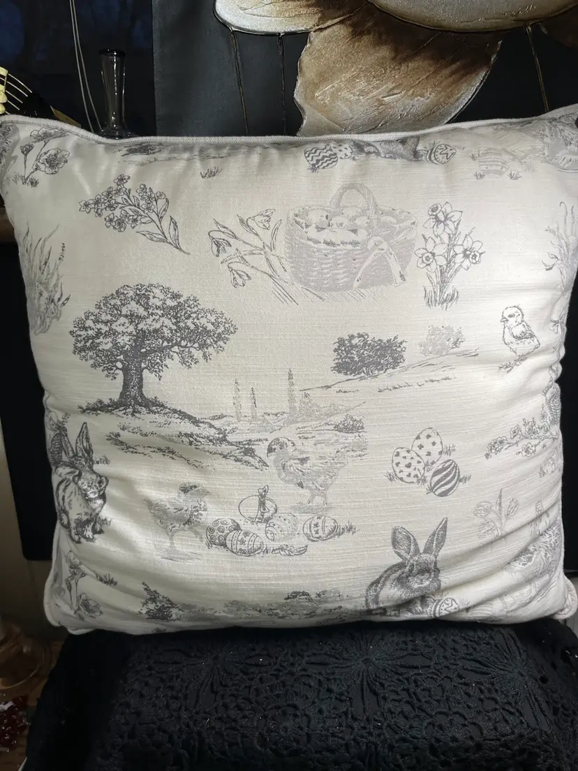 #01 Never Used This Adorable Spring/Easter Black & Cream Colored 100% Cotton Pillow