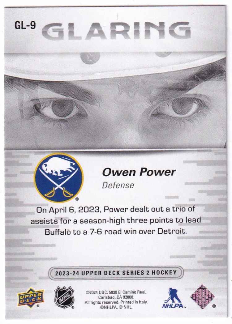2023-24 Upper Deck Glaring #GL9 Owen Power Buffalo Sabres Hockey Card