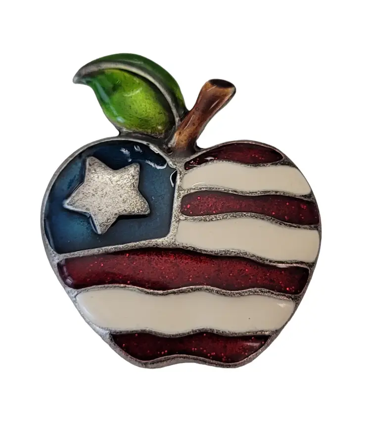 AJMC Silver Tone Red White Blue Enamel Patriotic Apple Brooch Pin, Signed E672