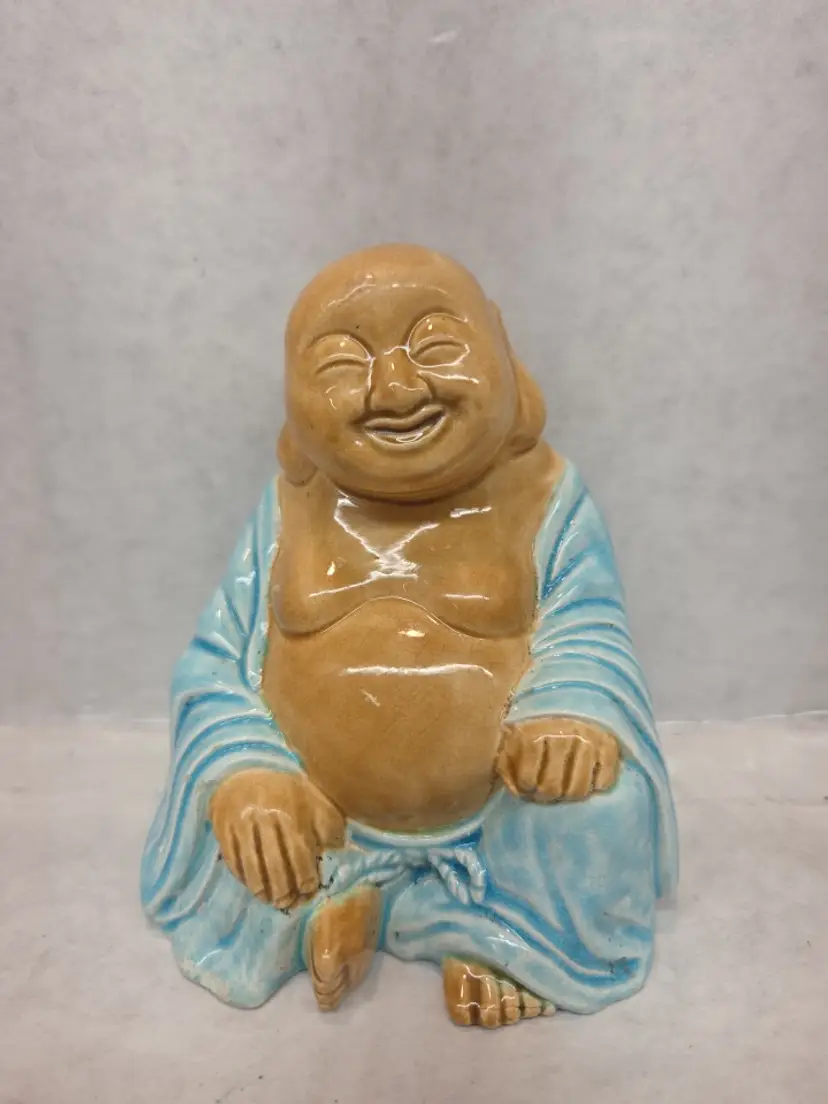 Vintage Small Laughing Happy Buddha Ceramic Figure Blue Robe Bookshelf 4.25"