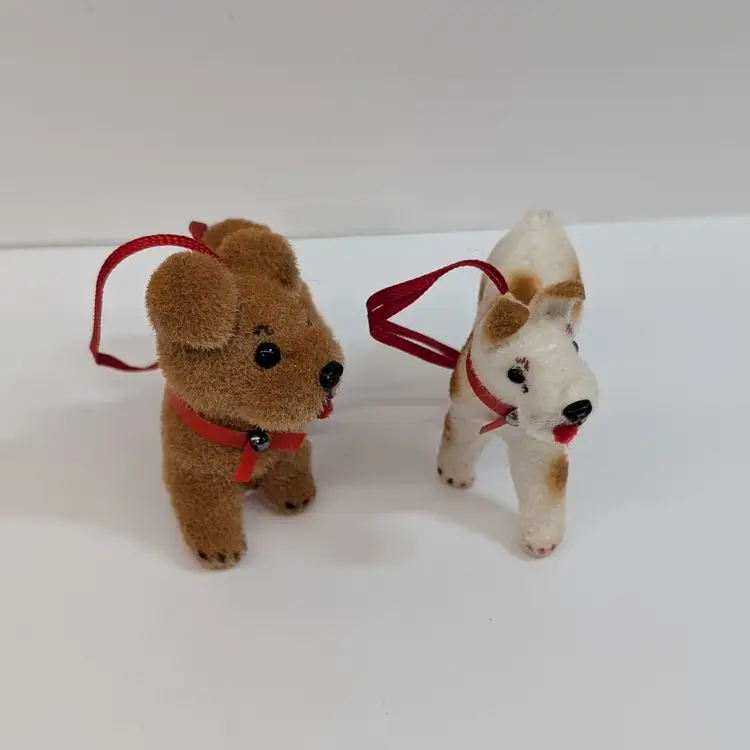 Vintage Wagner West Germany Flocked Ornaments Brown Puppy Dog & Terrier AS IS