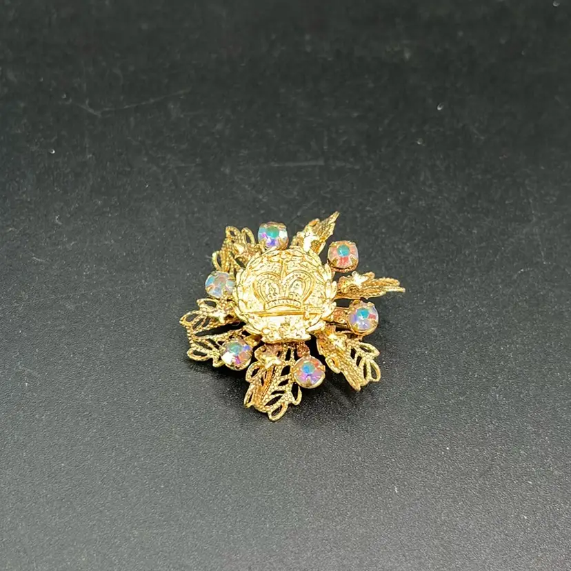 Vintage Filigree Crown Brooch, Riveted 1 1/4” Wide