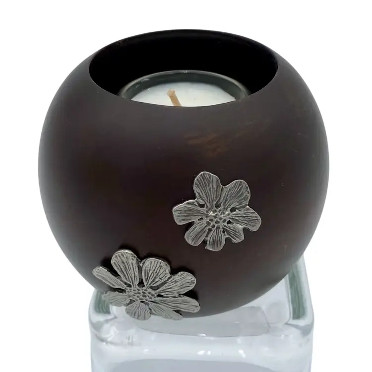 Vintage Wooden Orb Candle Holder with Silver Flower Appliques, 3.5" x 4"