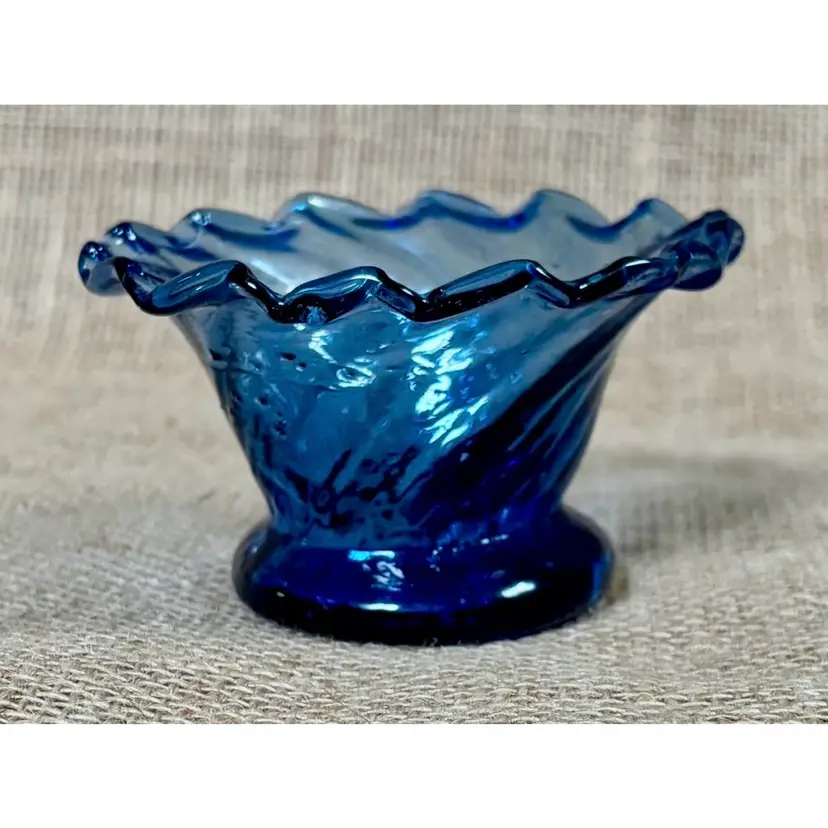 Vintage Cobalt Blue Swirl Glass Open Sugar Bowl Dish Handblown Ruffled Edge