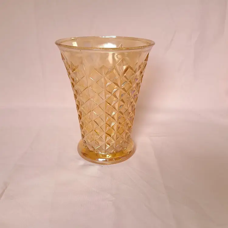 Vintage Jeannette Glass Marigold Carnival Waffle Diamond Cut Iridescent 7" Vase