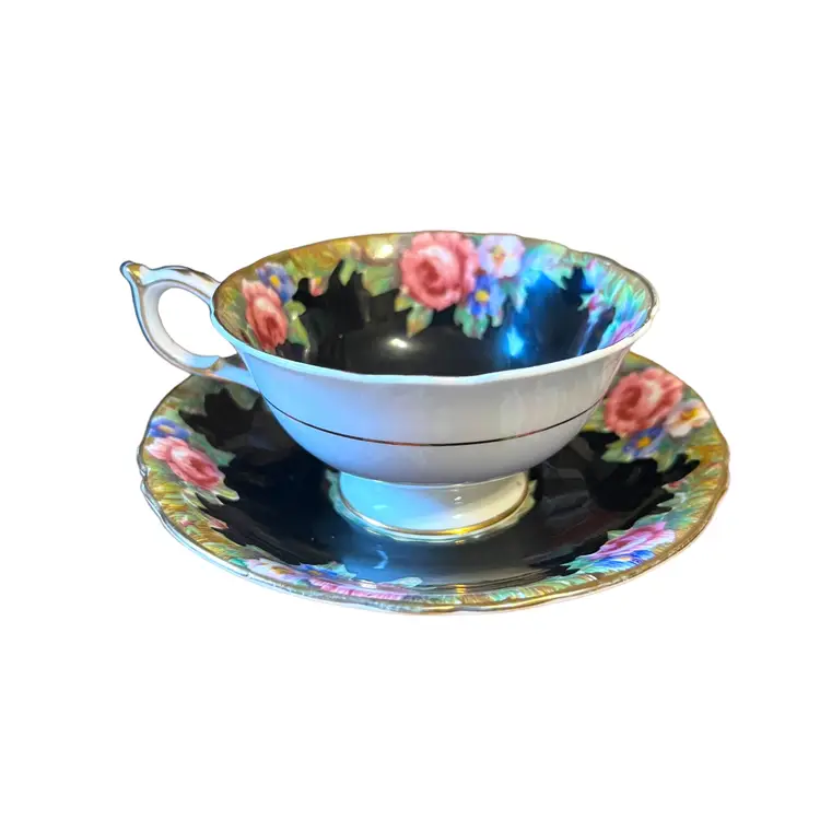 Paragon Black Tapestry Rose Tea Cup and Saucer Set Fine Bone China Double Warrant
