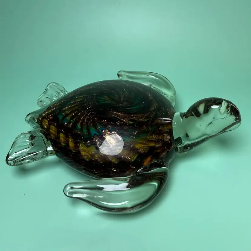Heavy Handblown Art Glass Sea Turtle Gold Ribbon Blue Swirl Paperweight Sealife