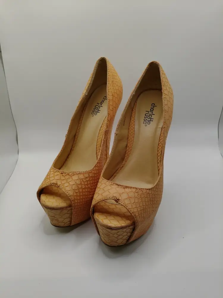 Charlotte Russe Tan Peep Toe Wedges Size 6 with 5.5 Heel.