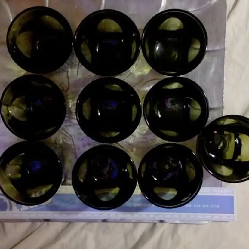 Hazel Atlas Vintage Avocado Green, Colony Pattern Shot Glasses, 10 set.  $45