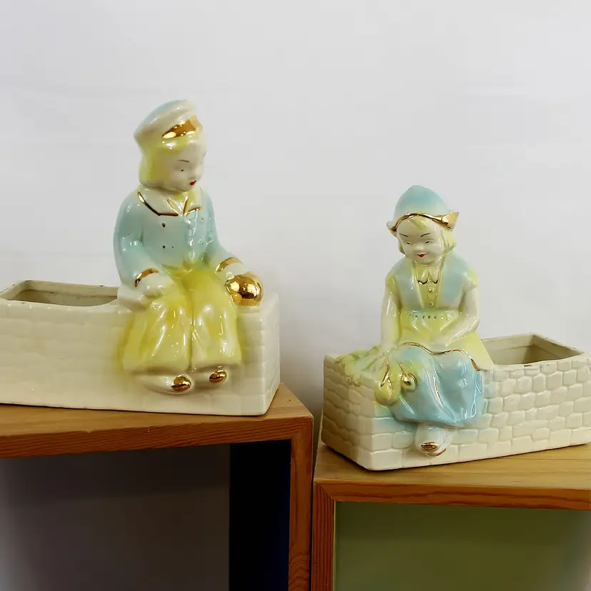 Vintage MCM Dutch Boy and Girl Planters Mid Century with gold highlights (B)