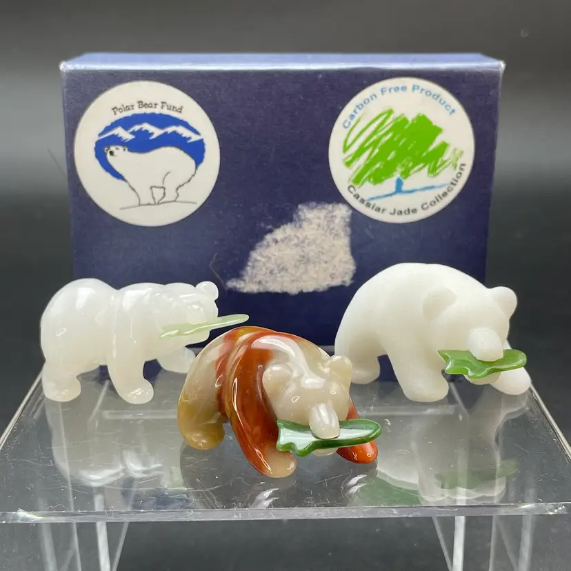Cassiar Jade Collection Miniature Bear with Fish Figurines Carved Set of 3 VTG