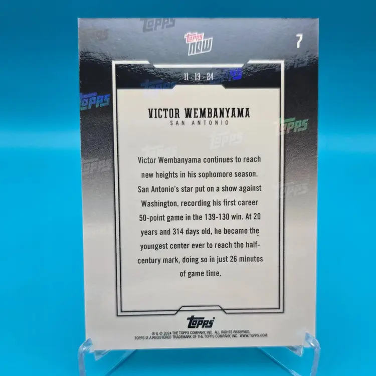 Victor Wembanyama 2024-2025 Topps Now Youngest Center With 50 Points San Antonio Spurs