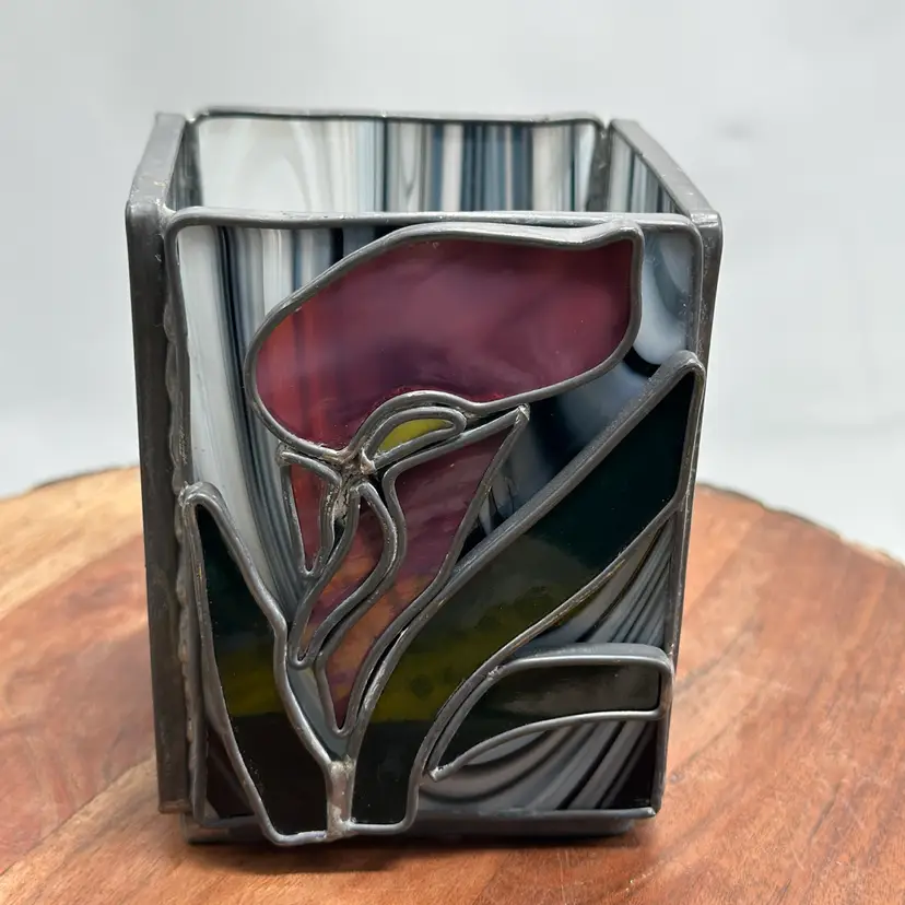 Vintage Stained & Slag Glass Floral Square Candleholder Vase Calla Lily