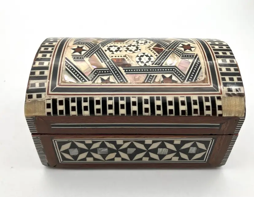 BIN - Egyptian Wood Mosaic Velvet Lined Jewelry Trinket Box