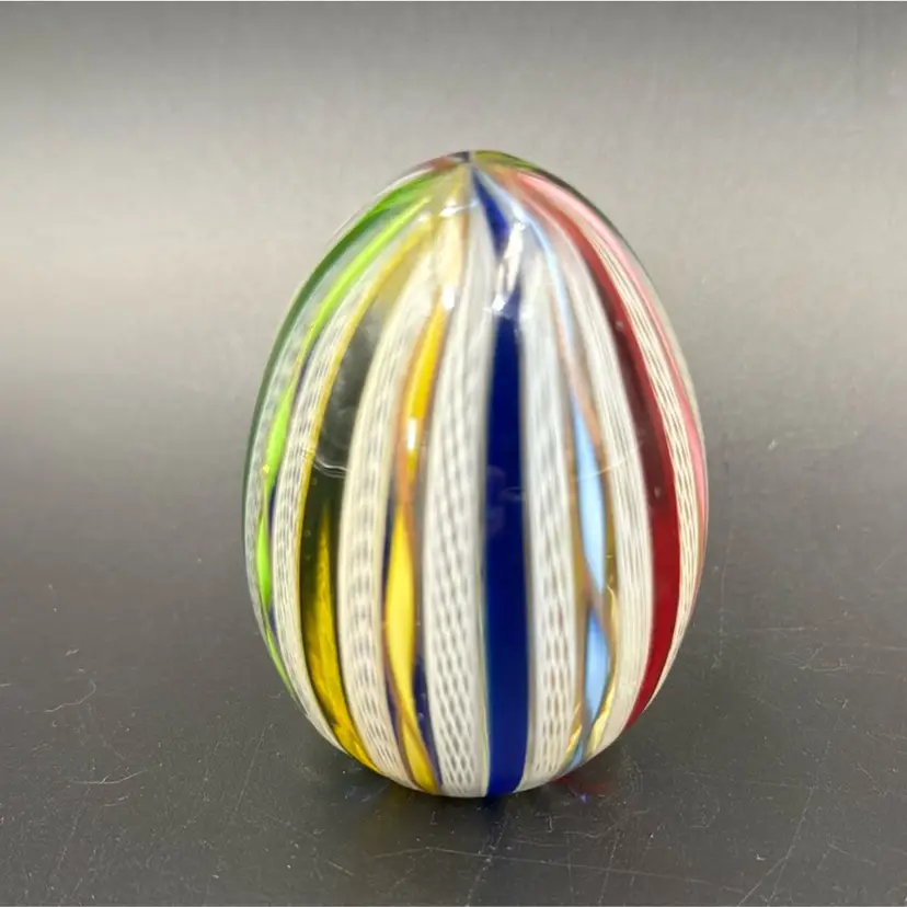 #01 Glass Ribbons & Latticino Egg Sculpture Paperweight From Italy