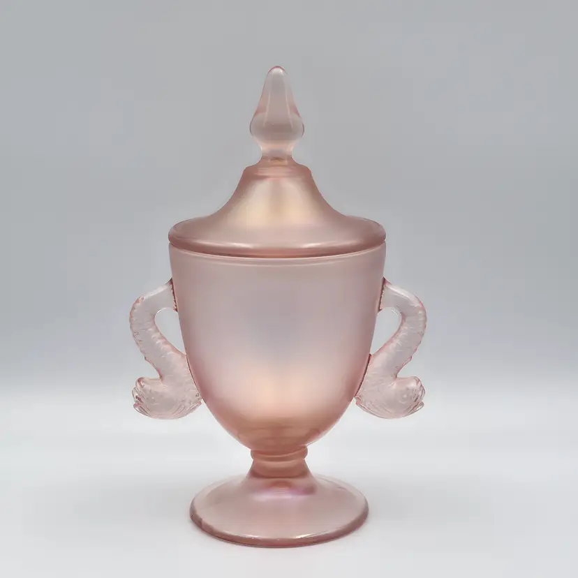Fenton Art Glass Velva Rose Pink Stretch Lidded Candy Dish Dolphin Handles