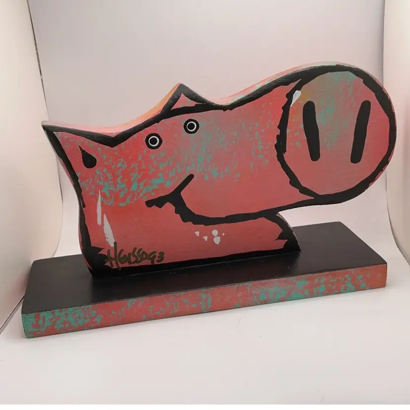 VTG 1993 Mark Heussenstamm Heusso Wood Pig Sculpture Signed 11x6.5" Trumpet