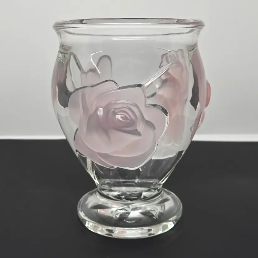 Teleflora Transparent Glass Vase with Raised Pink Frosted Roses, Made in France