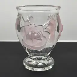 Teleflora Transparent Glass Vase with Raised Pink Frosted Roses, Made in France