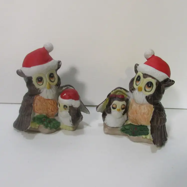 vintage set of Christmas owl family figures 2 figurines owl Santa hat