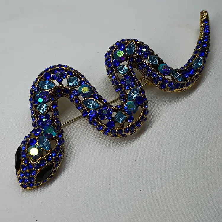 Blue Rhinestone Snake Brooch Gold Tone Sparkly Statement Serpent Pin Costume (Inv - 04)