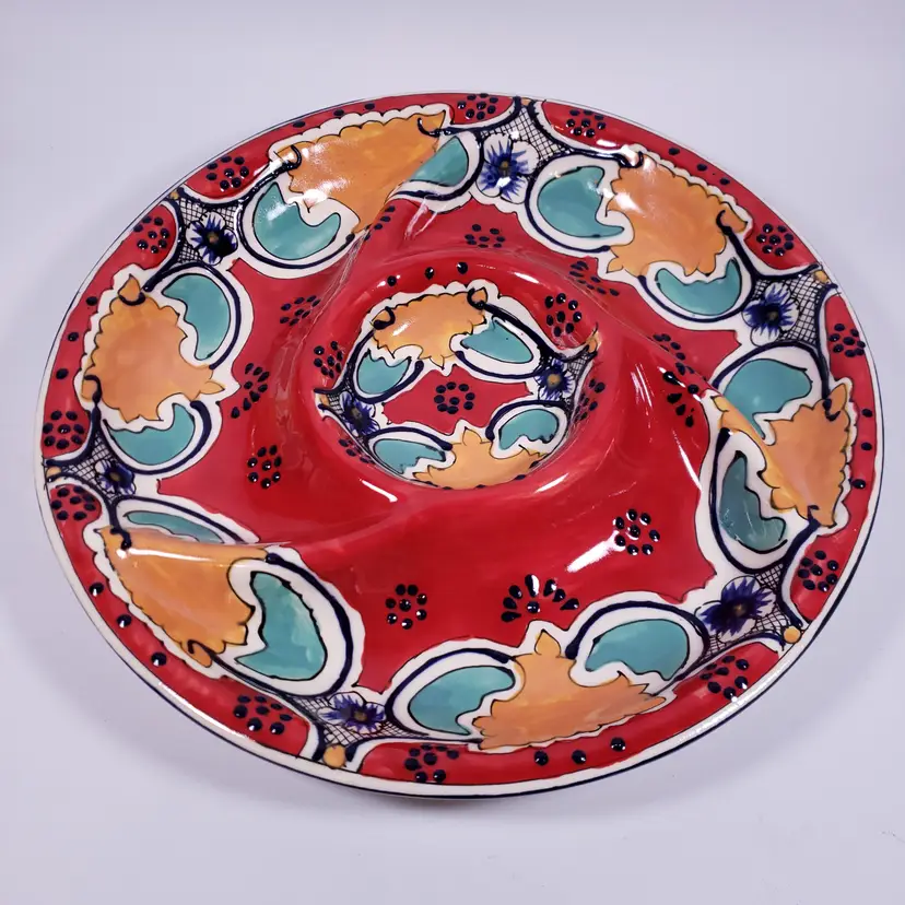 TALAVERA Mexican Red Floral Folk Art Hand Painted Ceramic DIVIDED SERVING DISH
