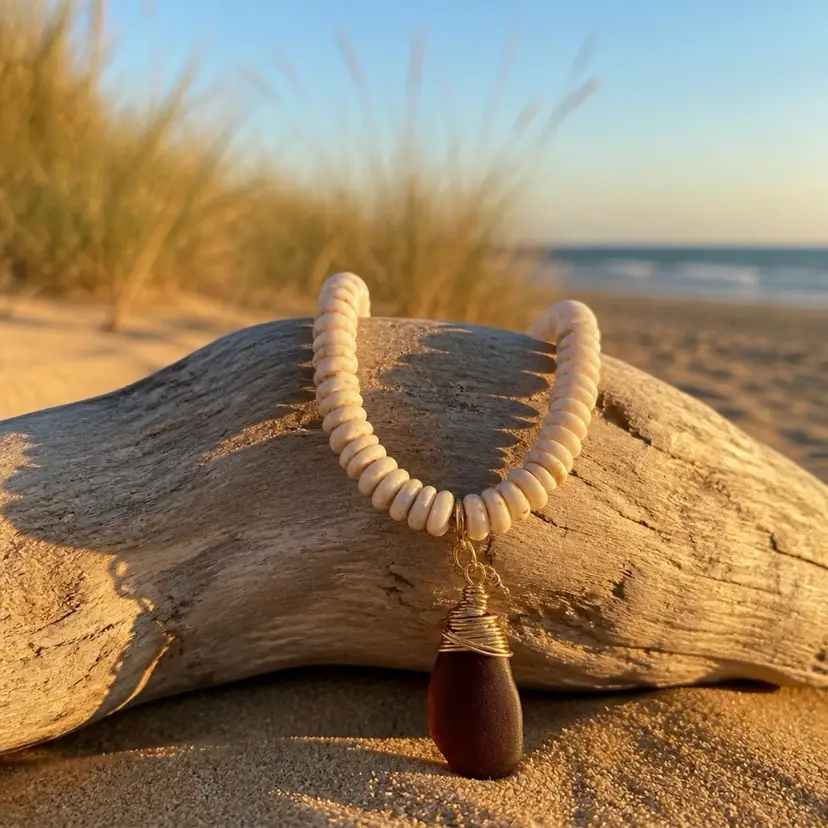 Handmade Cream Shell Necklace With Brown Seaglass Pendant