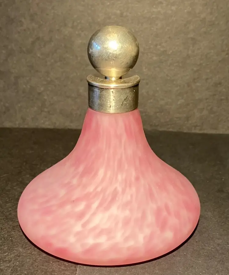 Vintage Satin Pink & White Swirled Perfume Bottle with metal stopper