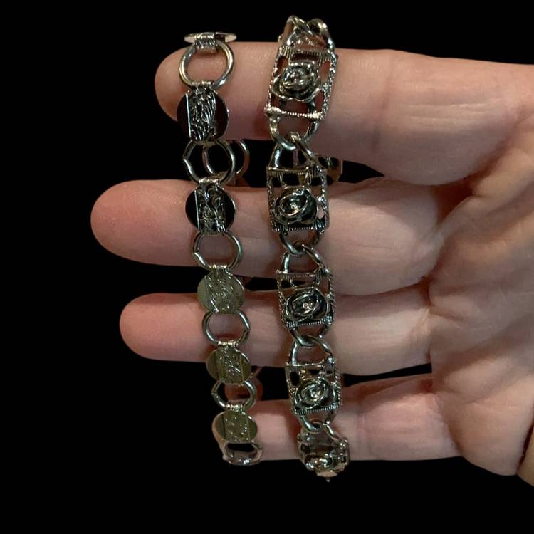 Lot Of Two Beautiful Vintage Silvertone Sarah Coventry Link Bracelets . Silvertone Square Rosette Link Bracelet & Silverstone Round Motif Link Bracelet. Both Flood Over Closures.