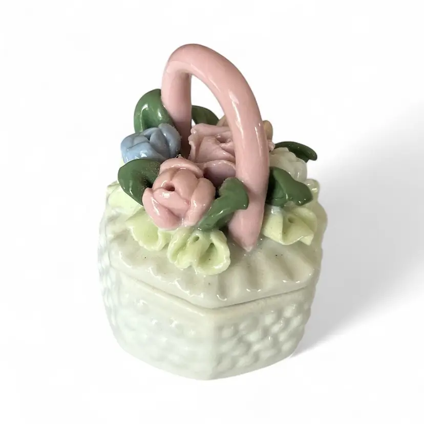 Porcelain Relief Flower Basket Trinket Box