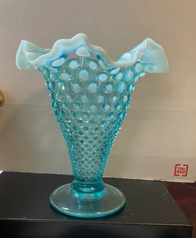 Vintage Fenton Blue Opalescent Hobnail Ruffle Edge Vase 7.5"