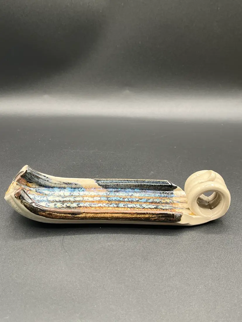 Signed Art Pottery Coiled Blue & Copper Brown Trinket Dish 8”