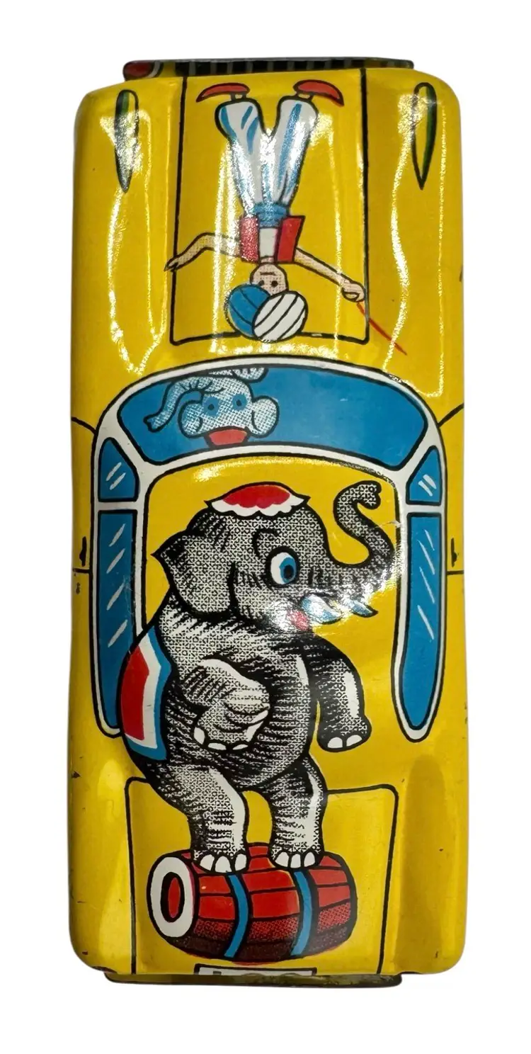 Vintage Tin Litho Circus Clown Car Car Toy Yellow Elephant Plastic Made in Japan