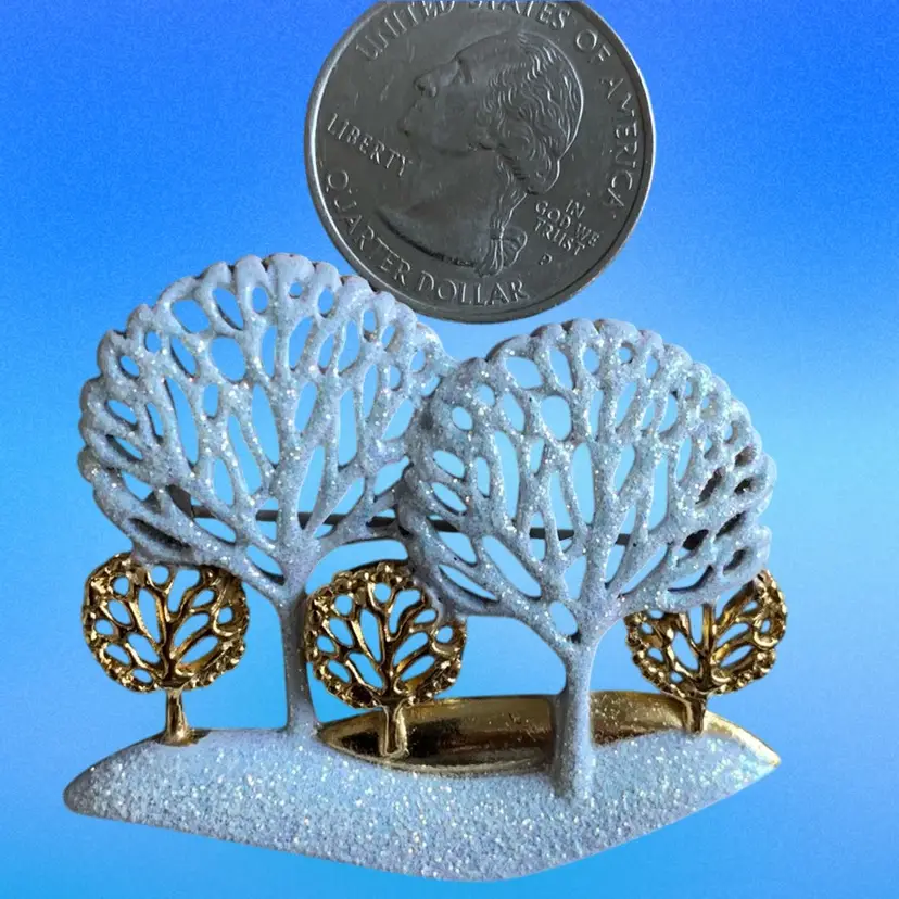 AJC Gold Tone White Enameled Trees Sprinkled With Gold Glitter , Gold Tone Brushes Surrounded By Sparkling Snow