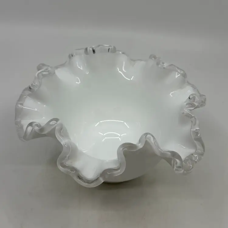 Vintage Mid Century Fenton Glass Silvercrest Candy Dish Bowl Round With Crimped Rim Glossy White Milk Glass Finish And Clear Rim Made In USA