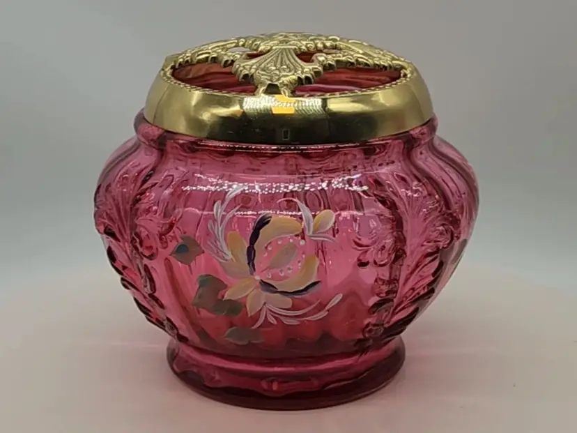 LG FENTON CRANBERRY DECORATED POTPOURRI JAR ORNATE LID MELON RIB FLORAL SIGNED