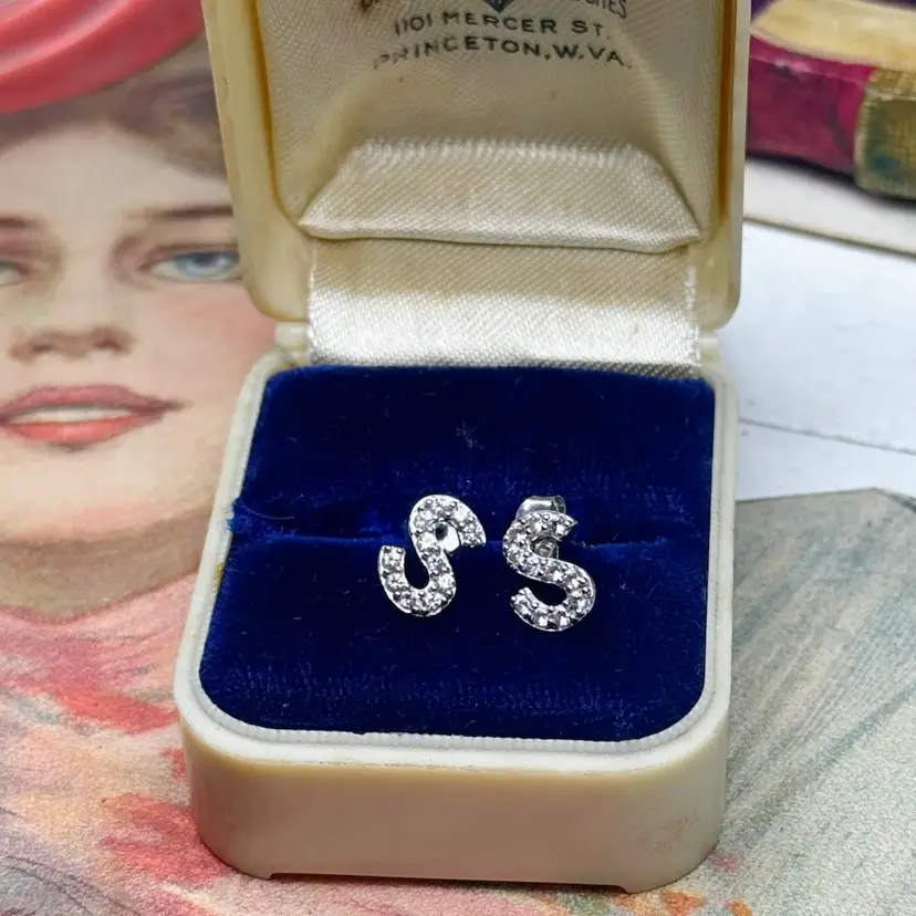 Sterling Silver White Sapphire “S” Stud Earrings
