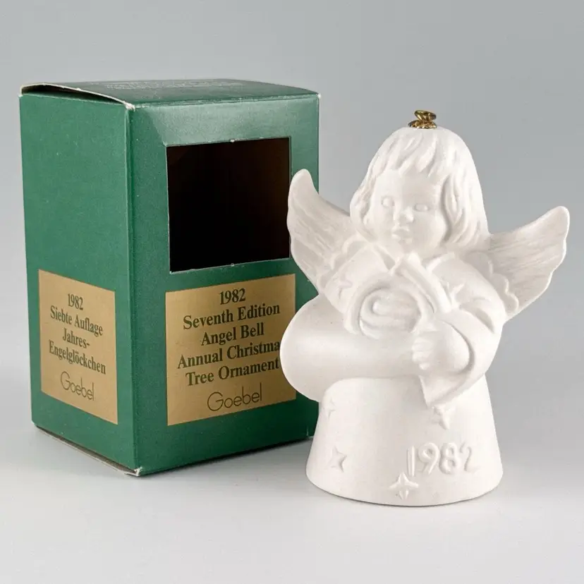 Goebel 1982 Angel Bell French Horn Player Christmas Ornament, White Bisque Porcelain, Vintage Made in Germany