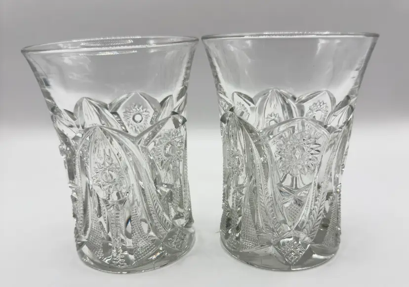 Vintage EAPG Pressed Glass Tumblers, Intricate Starburst Design, Barware Set of 2, Unbranded, Made in USA