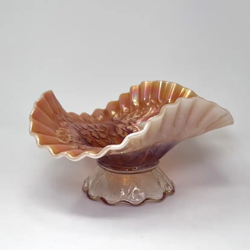 Peach Opalescent Carnival Glass Bowl: Antique Dugan Dogwood, Ruffled Crimped Footed - 0045-25