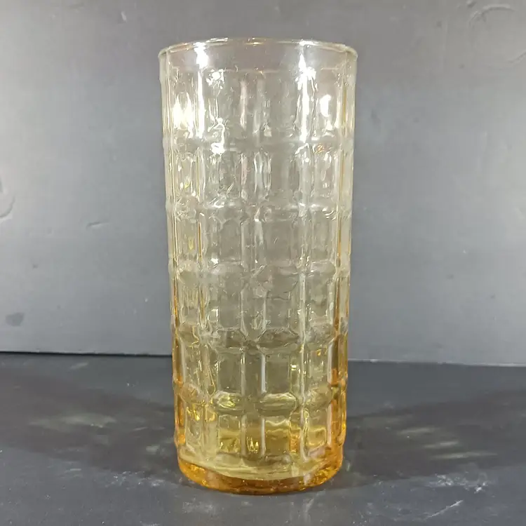 Vintage YELLOW Amber GLASS WAFFLE BLOCK Pattern Water Ice Tea MCM 6"
