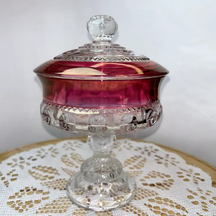 Vintage Indiana Glass Kings Crown Thumbprint Red Flash Covered Compote