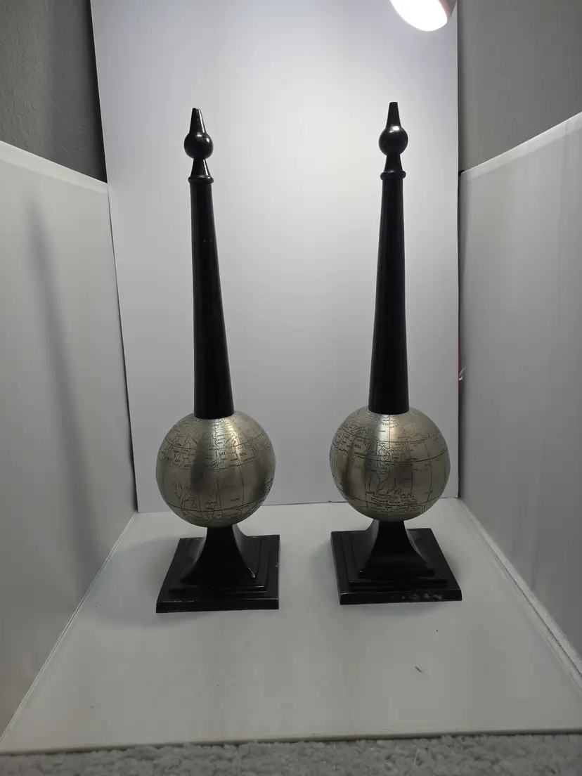 Vintage Metal Globe Finial Sculptures World Map 17" Set of 2 (QU)